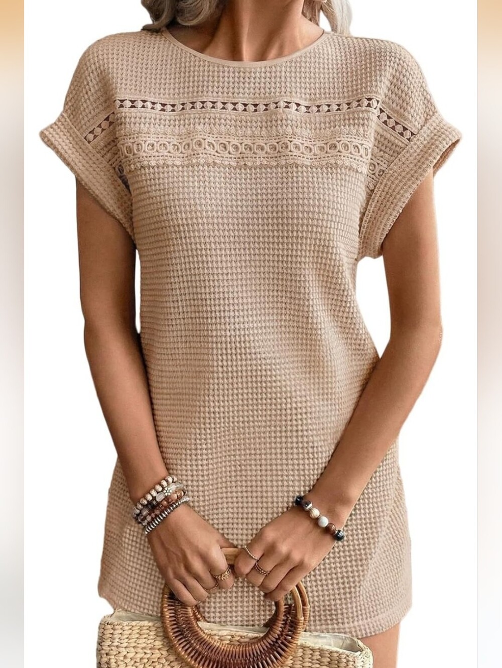 Beige Crochet Yoke Waffle Knit Dress